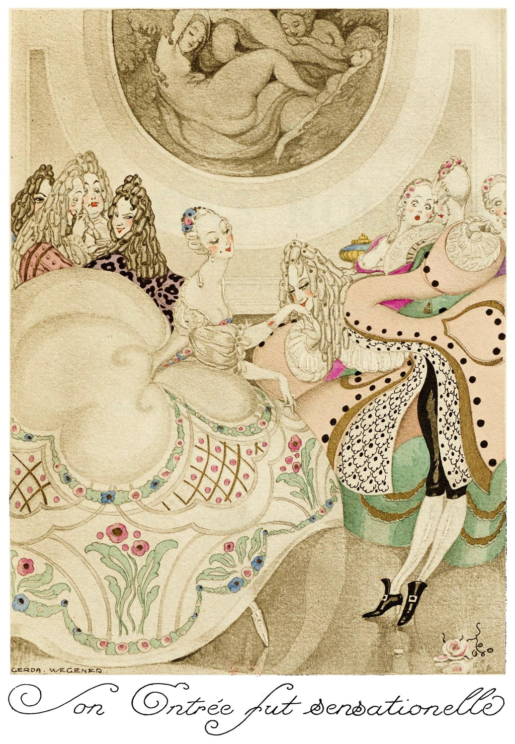Quadro decorativo com ilustração de Gerda Wegener. Representa uma cena de época, com figuras femininas em trajes opulentos e perucas elaboradas, em tons pastel e sépia, com a frase 'Son Entrée Fut Sensationelle' na parte inferior.