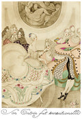 Quadro decorativo com ilustração de Gerda Wegener. Representa uma cena de época, com figuras femininas em trajes opulentos e perucas elaboradas, em tons pastel e sépia, com a frase 'Son Entrée Fut Sensationelle' na parte inferior.