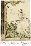 Ilustração de Gerda Wegener, 'La Fuite du Papajou', mostrando uma mulher em vestido elegante, com um macaco no galho de uma árvore, em uma varanda com grade ornamentada. Predominam tons pastel e traços finos.
