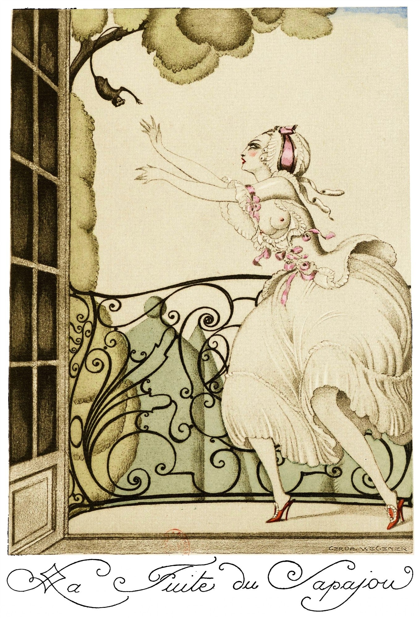 Ilustração de Gerda Wegener, 'La Fuite du Papajou', mostrando uma mulher em vestido elegante, com um macaco no galho de uma árvore, em uma varanda com grade ornamentada. Predominam tons pastel e traços finos.
