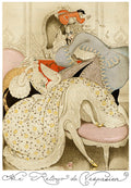 Quadro decorativo 'Le Retour de Vespasien' de Gerda Wegener, mostrando uma cena de época com uma mulher reclinada e uma figura masculina intrigante, em estilo Art Déco com cores suaves e detalhes ricos.