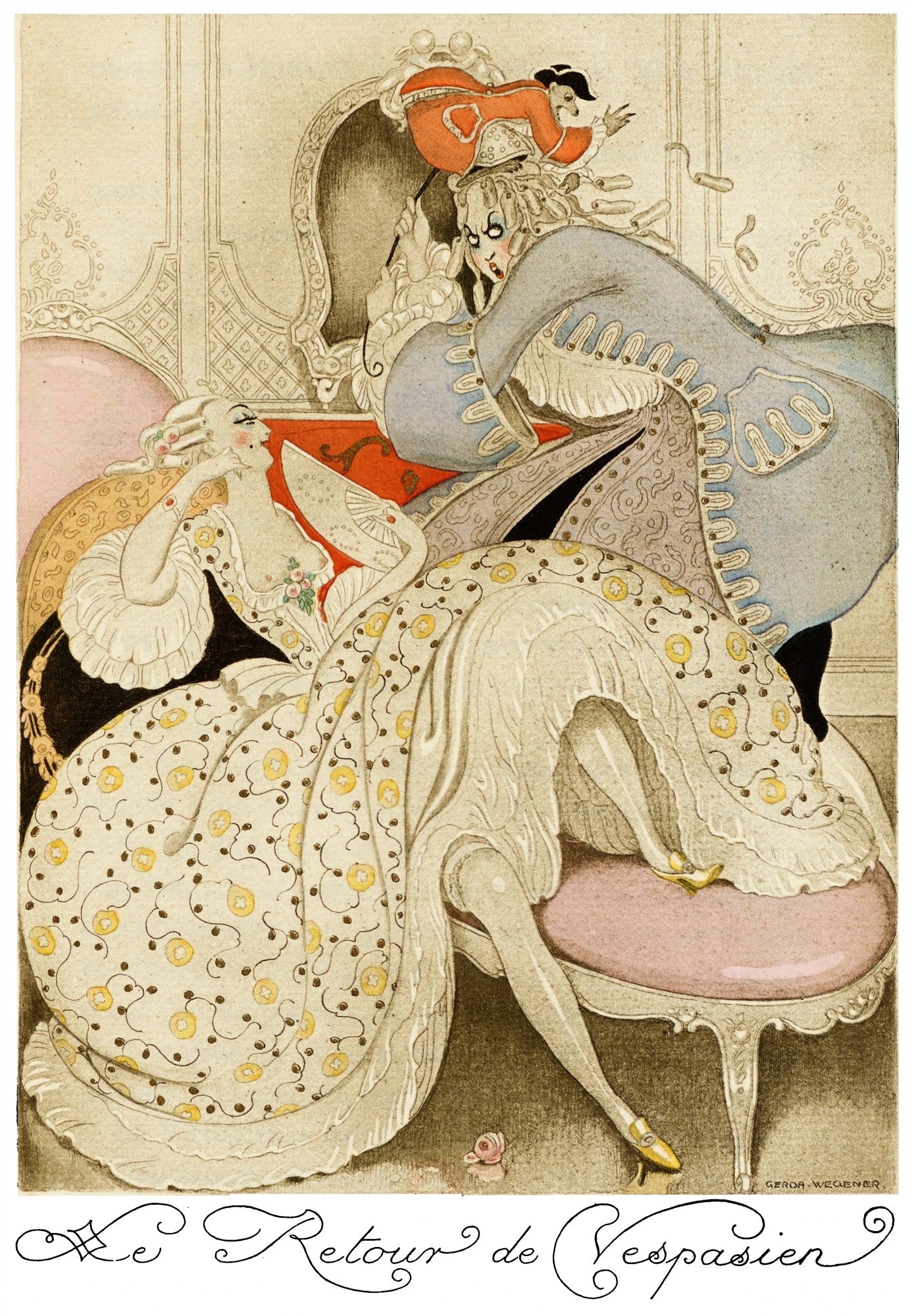Quadro decorativo 'Le Retour de Vespasien' de Gerda Wegener, mostrando uma cena de época com uma mulher reclinada e uma figura masculina intrigante, em estilo Art Déco com cores suaves e detalhes ricos.