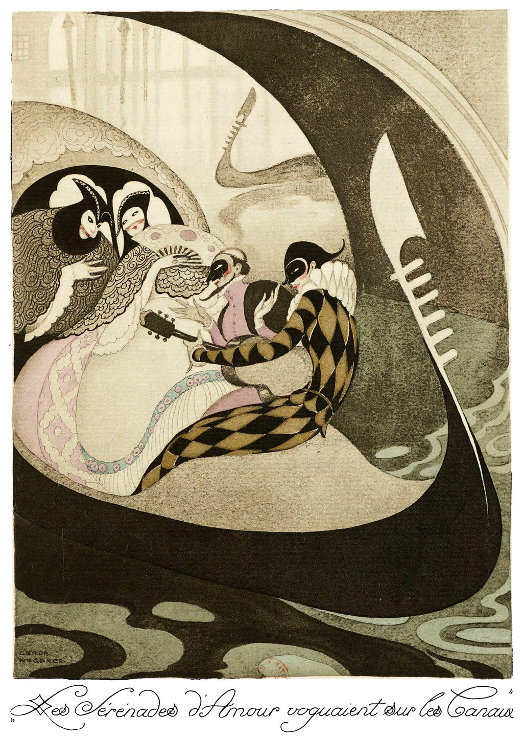 Ilustração Art Déco de Gerda Wegener, 'Les Sérénades d'Amour', mostrando figuras mascaradas em uma gôndola escura. O estilo é elegante, com tons pastéis e detalhes finos, evocando Veneza e romance.