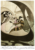 Ilustração Art Déco de Gerda Wegener, 'Les Sérénades d'Amour', mostrando figuras mascaradas em uma gôndola escura. O estilo é elegante, com tons pastéis e detalhes finos, evocando Veneza e romance.