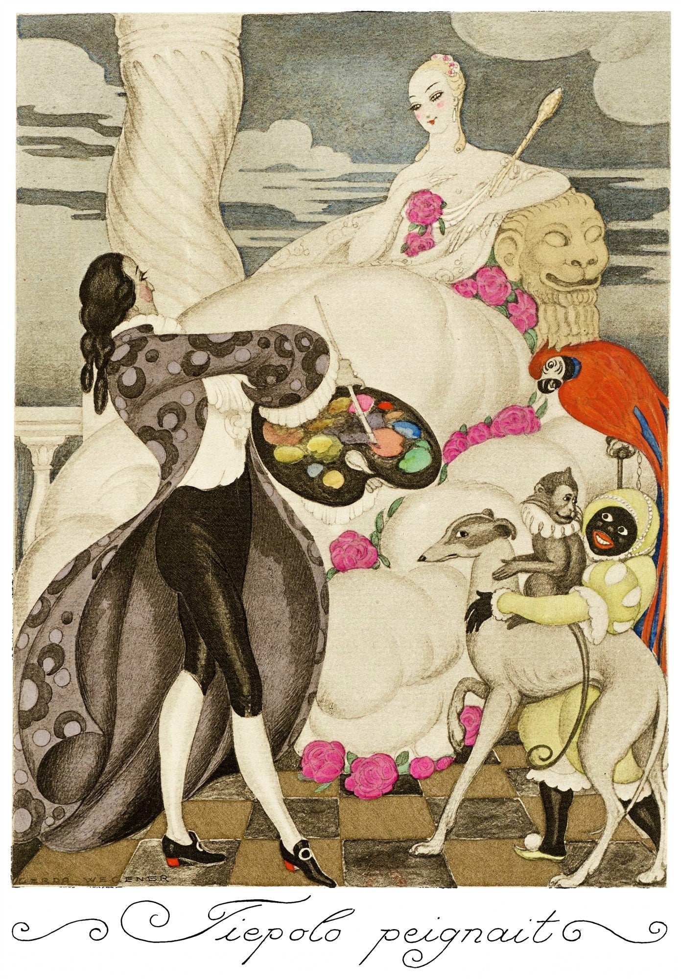 Ilustração Art Déco de Gerda Wegener, 'Tiepolo Peignait', com um artista pintando uma musa em um cenário clássico com animais exóticos.