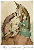 Ilustração Art Déco de Gerda Wegener: 'Le Mysterieux Apothicaire'. Três figuras em trajes de época, um com chapéu pontudo e máscara, manipulando pernas de outro personagem. Tons pastel e terrosos.
