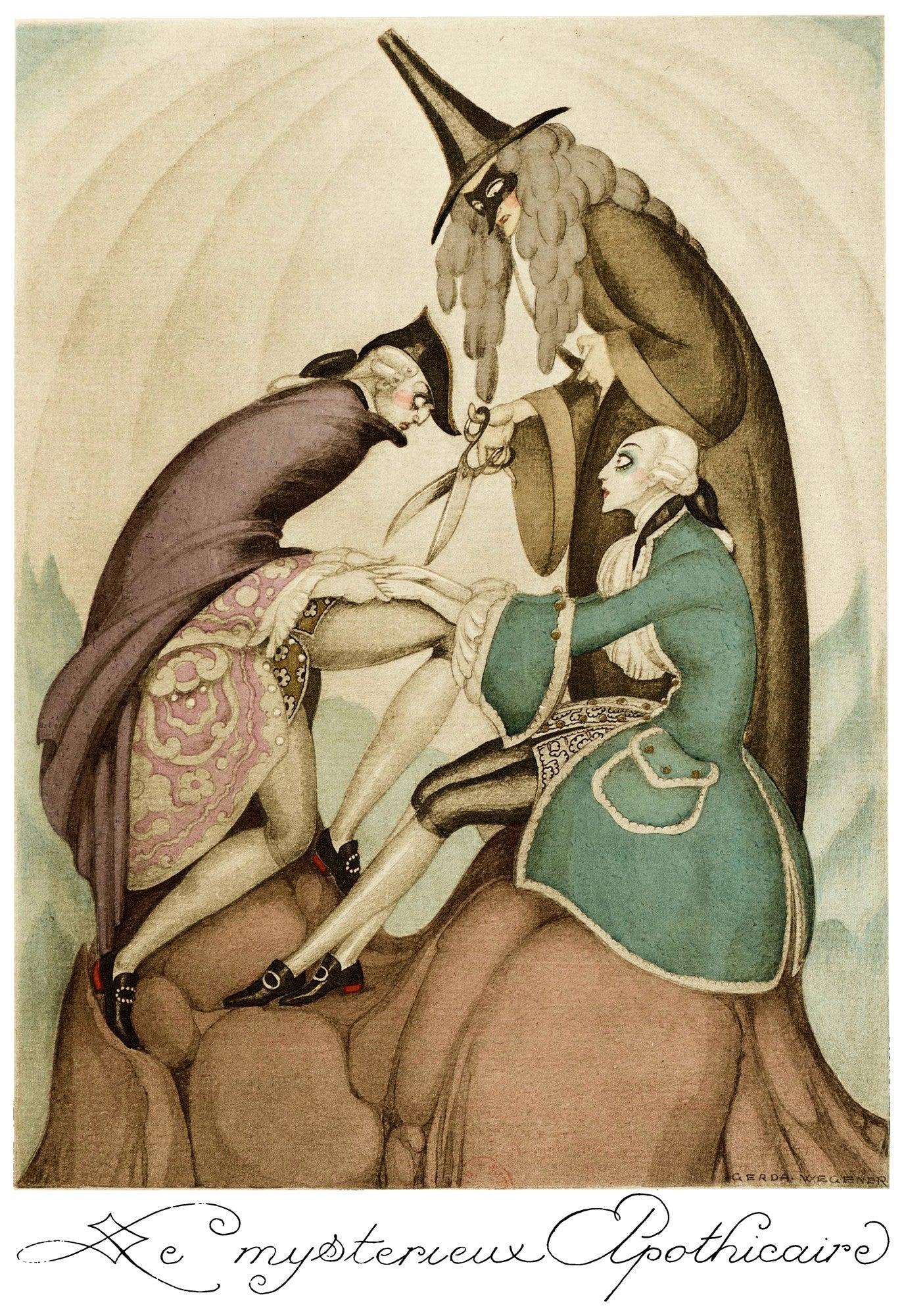 Ilustração Art Déco de Gerda Wegener: 'Le Mysterieux Apothicaire'. Três figuras em trajes de época, um com chapéu pontudo e máscara, manipulando pernas de outro personagem. Tons pastel e terrosos.