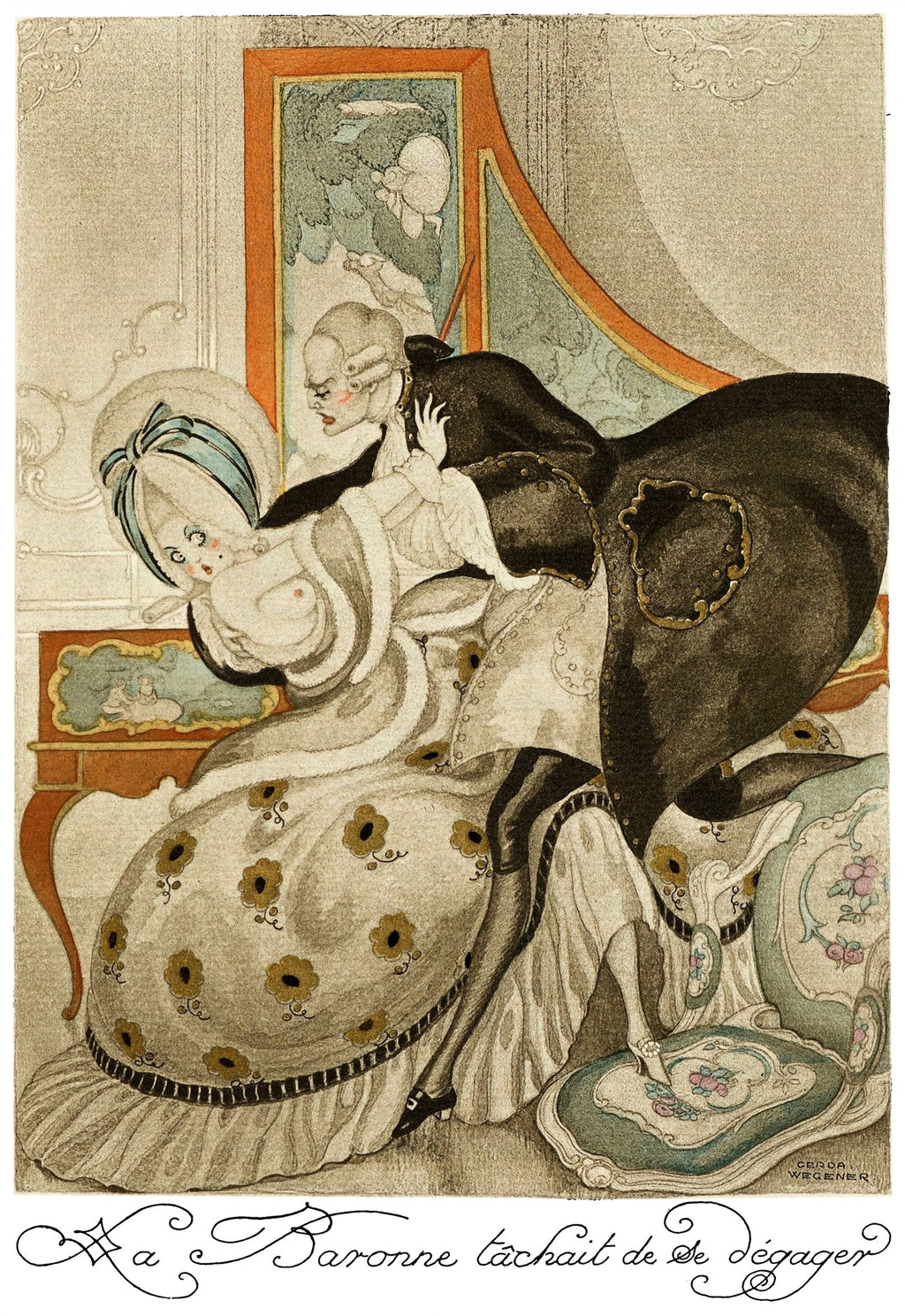 Ilustração Art Deco de Gerda Wegener, 'La Baronne Tâchait De Se Dégager', mostrando uma mulher sendo abordada por um homem em um interior opulento.
