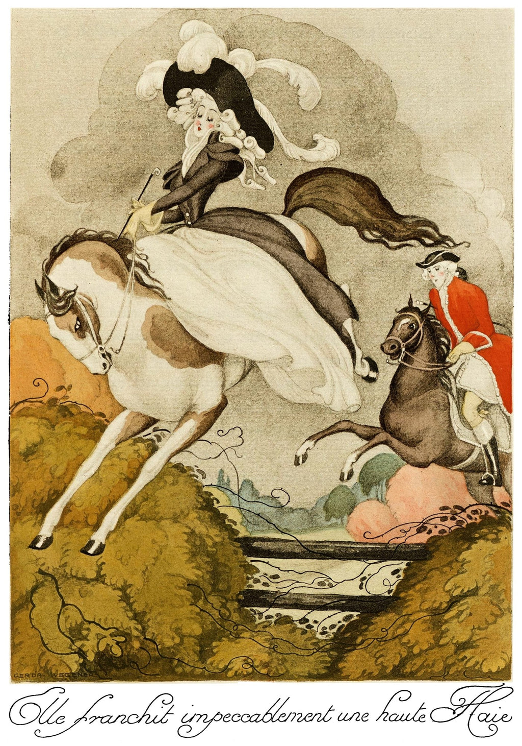 Quadro decorativo com ilustração de Gerda Wegener, 'Elle franchit impeccablement une haute Haie', mostrando uma amazona de chapéu emplumado e vestido branco pulando uma cerca a cavalo, acompanhada por um homem de casaca vermelha em outro cavalo. Estilo Art Déco com cores suaves e detalhes em preto e branco.