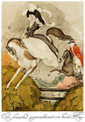 Quadro decorativo com ilustração de Gerda Wegener, 'Elle franchit impeccablement une haute Haie', mostrando uma amazona de chapéu emplumado e vestido branco pulando uma cerca a cavalo, acompanhada por um homem de casaca vermelha em outro cavalo. Estilo Art Déco com cores suaves e detalhes em preto e branco.