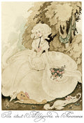 Ilustração de Gerda Wegener, "A Alegoria da Inocência", retratando uma mulher de vestido vitoriano e cabelo volumoso, sentada em um jardim com um livro, um cachorro e um gato.