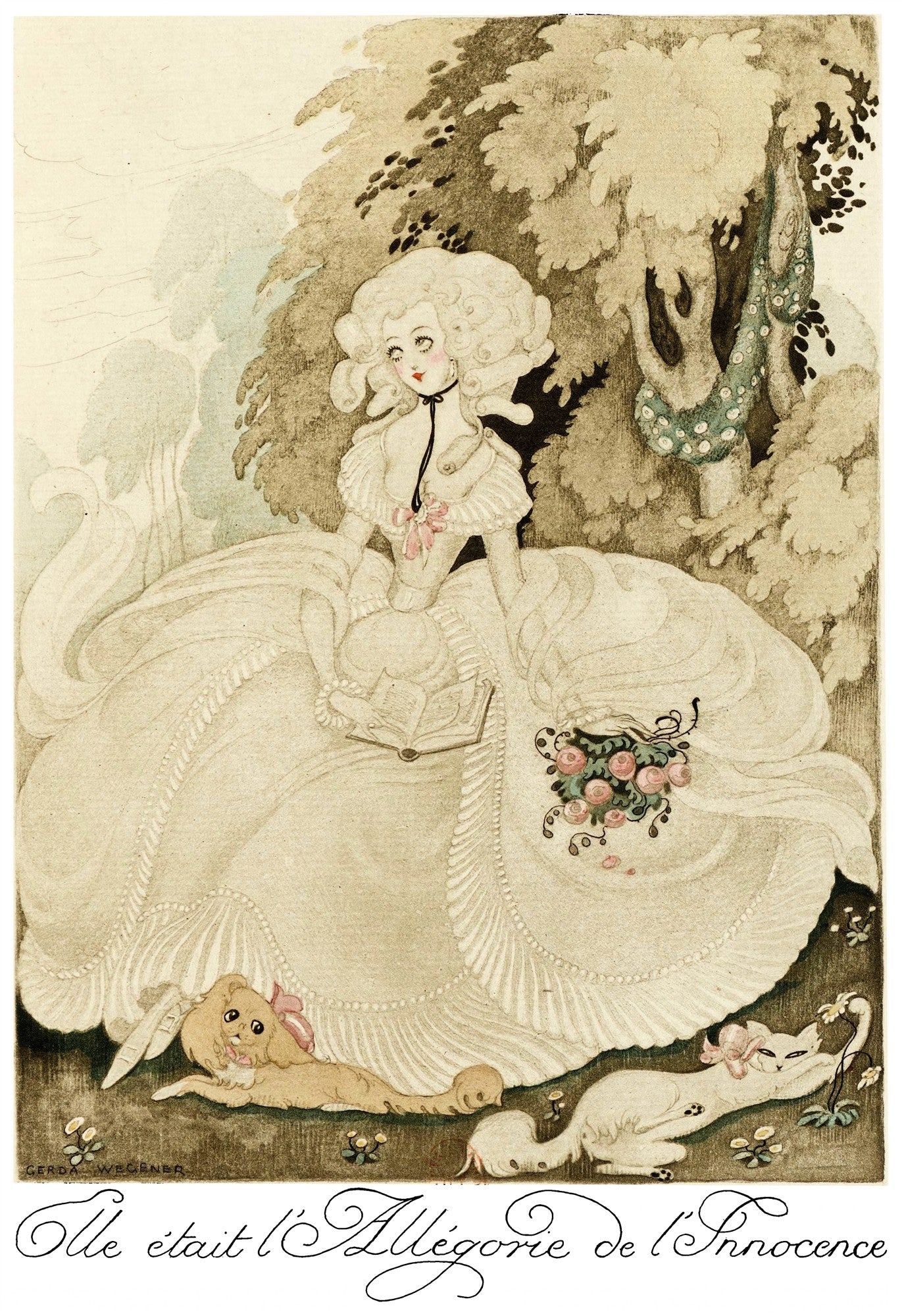 Ilustração de Gerda Wegener, "A Alegoria da Inocência", retratando uma mulher de vestido vitoriano e cabelo volumoso, sentada em um jardim com um livro, um cachorro e um gato.