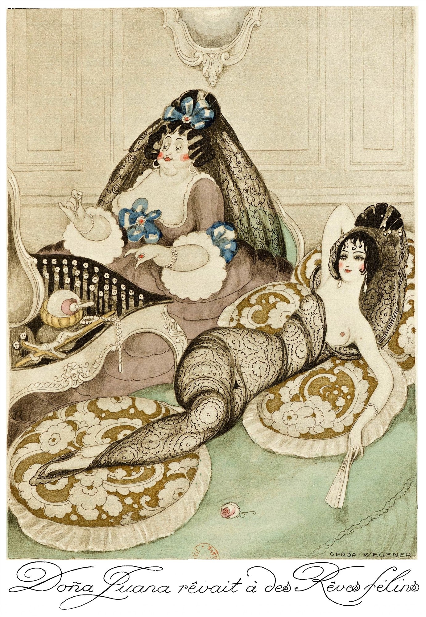 Ilustração Art Deco de Gerda Wegener, "Doña Juana rêvait à des Rêves félins", mostrando duas mulheres em um boudoir, uma deitada languidamente e outra sentada, com cores suaves e detalhes em dourado.