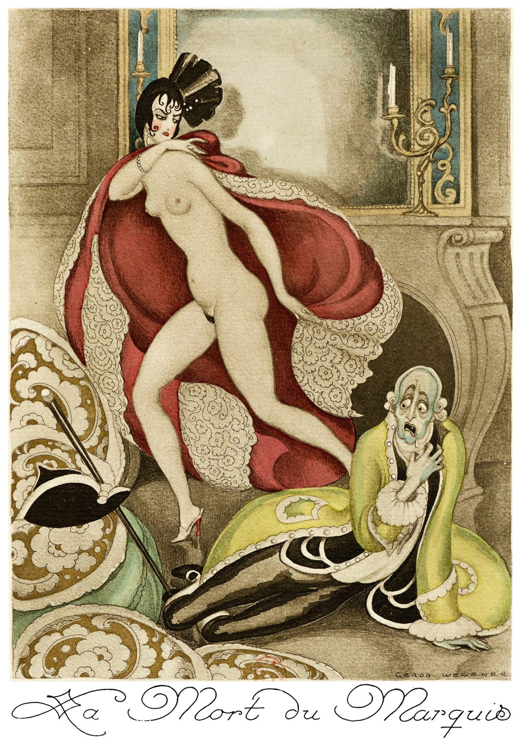 Ilustração de Gerda Wegener "La Mort du Marquis" com uma mulher nua de capa vermelha e um homem assustado no chão, estilo Art Déco.