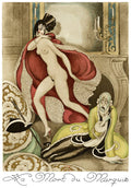Ilustração de Gerda Wegener "La Mort du Marquis" com uma mulher nua de capa vermelha e um homem assustado no chão, estilo Art Déco.