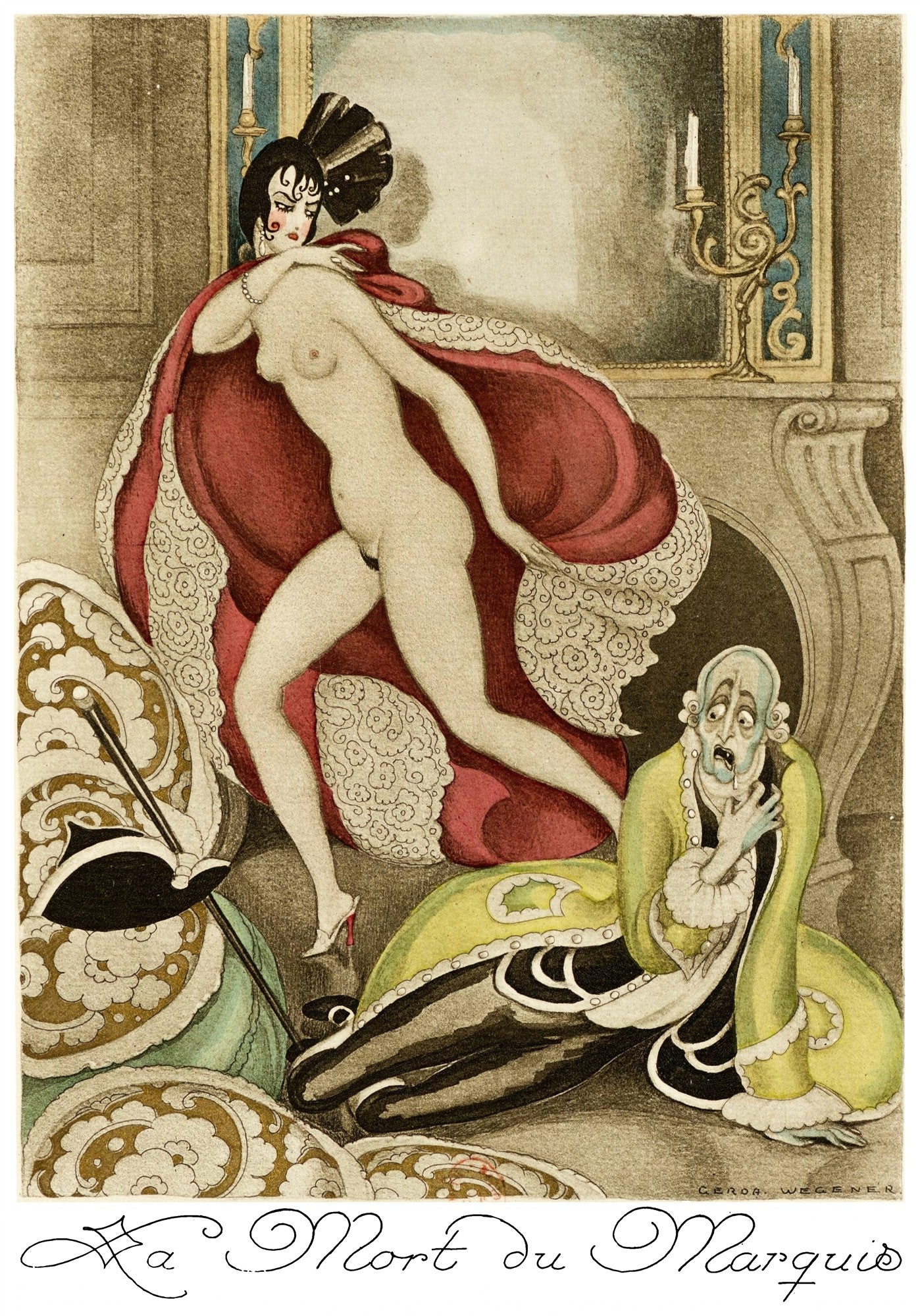 Ilustração de Gerda Wegener "La Mort du Marquis" com uma mulher nua de capa vermelha e um homem assustado no chão, estilo Art Déco.