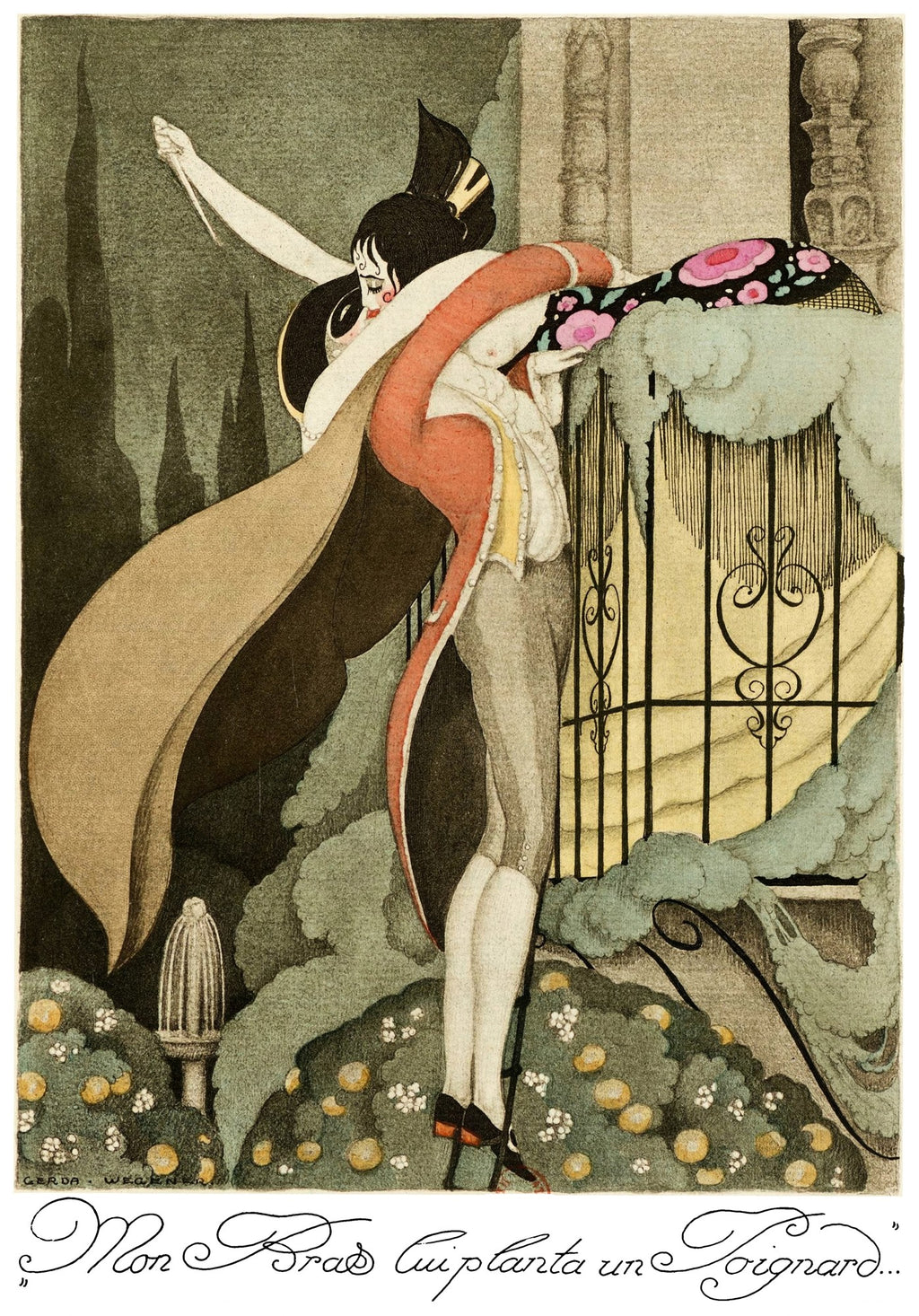 Ilustração Art Déco de Gerda Wegener, Mon Bras Cuiplanta Un Poignard, com figura feminina em vestido elegante e capa, em pose dramática junto a um portão noturno, com folhagem e elementos arquitetônicos ao fundo.