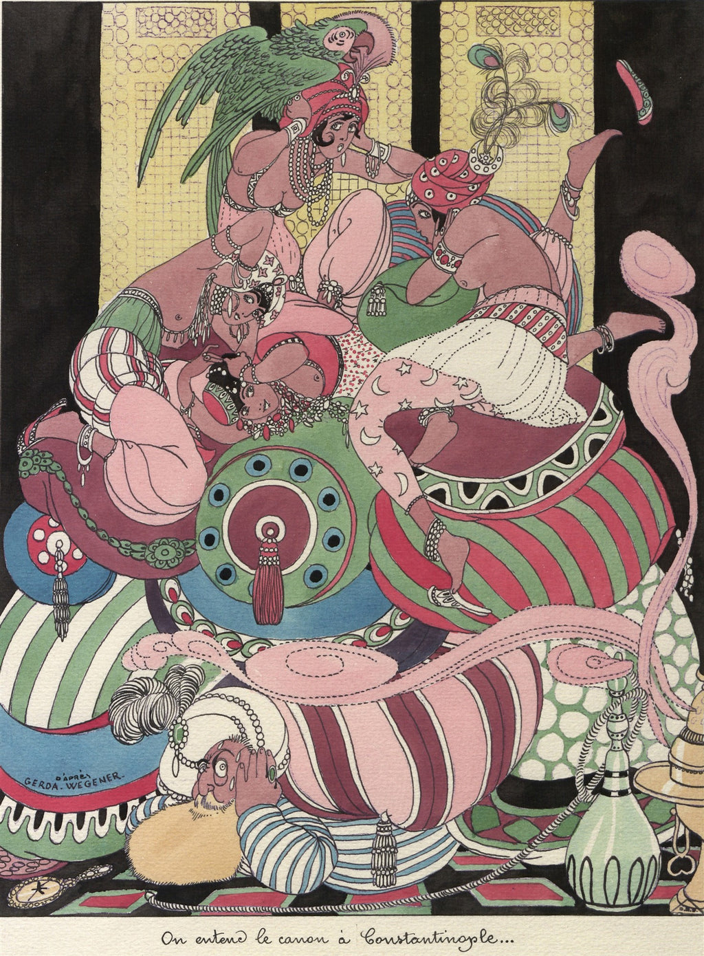 Quadro decorativo com ilustração colorida de Gerda Wegener, mostrando figuras orientais em vestes luxuosas e turbantes, interagindo em meio a almofadas estampadas, com um papagaio no topo e um homem barbudo no canto inferior, com a frase em francês 'On entend le canon à Constantinople...' abaixo.