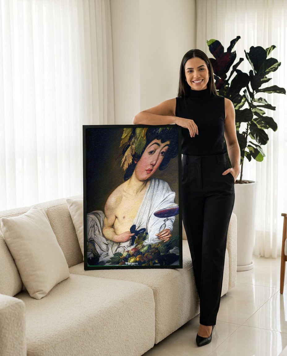Quadro Decorativo Baco Jovem - Caravaggio com modelo em ambiente