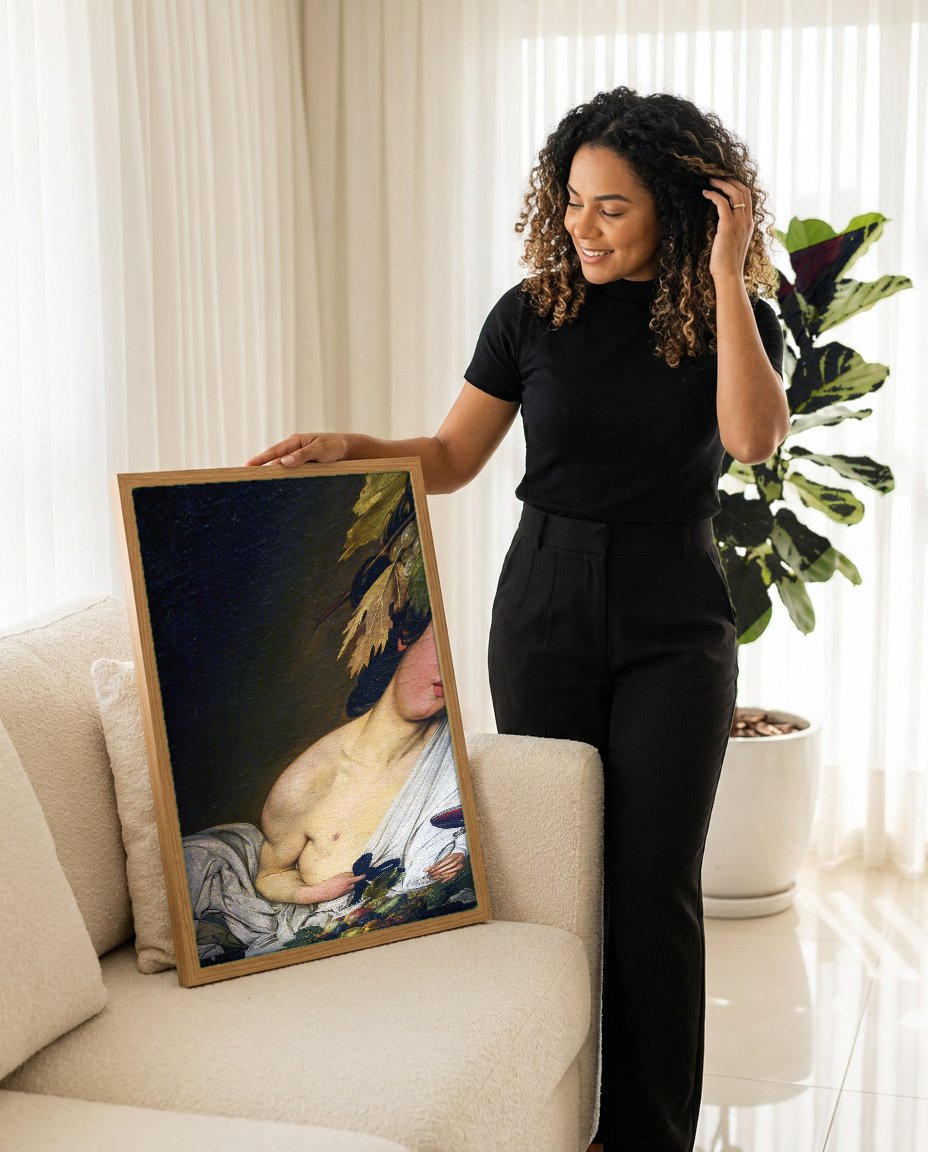 Quadro Decorativo Baco Jovem - Caravaggio com modelo em ambiente