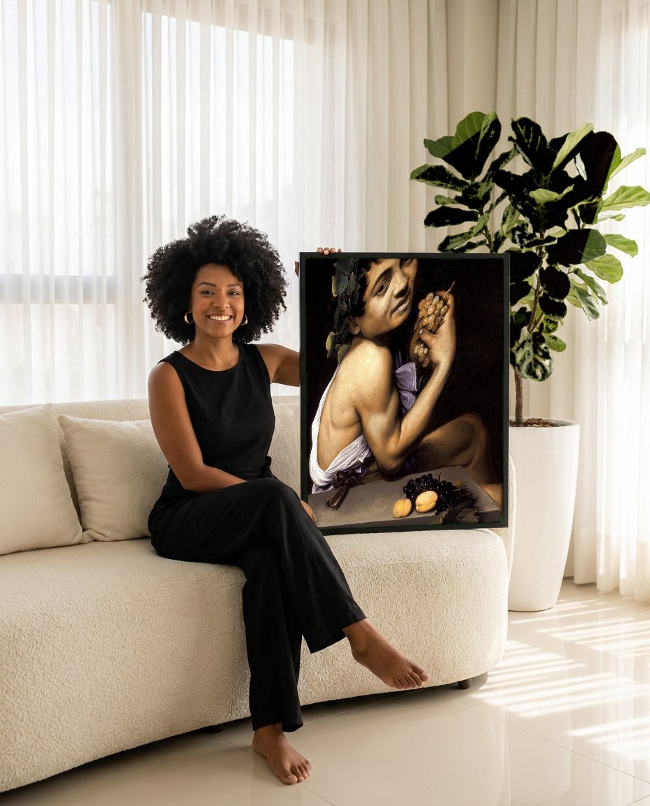 Quadro Decorativo Baco Jovem - Caravaggio com modelo em ambiente
