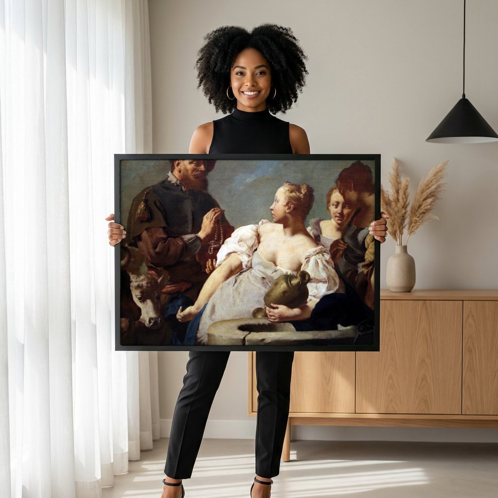Quadro Decorativo A Oferta de Rebeca - Giovanni Battista Piazzetta com modelo em ambiente