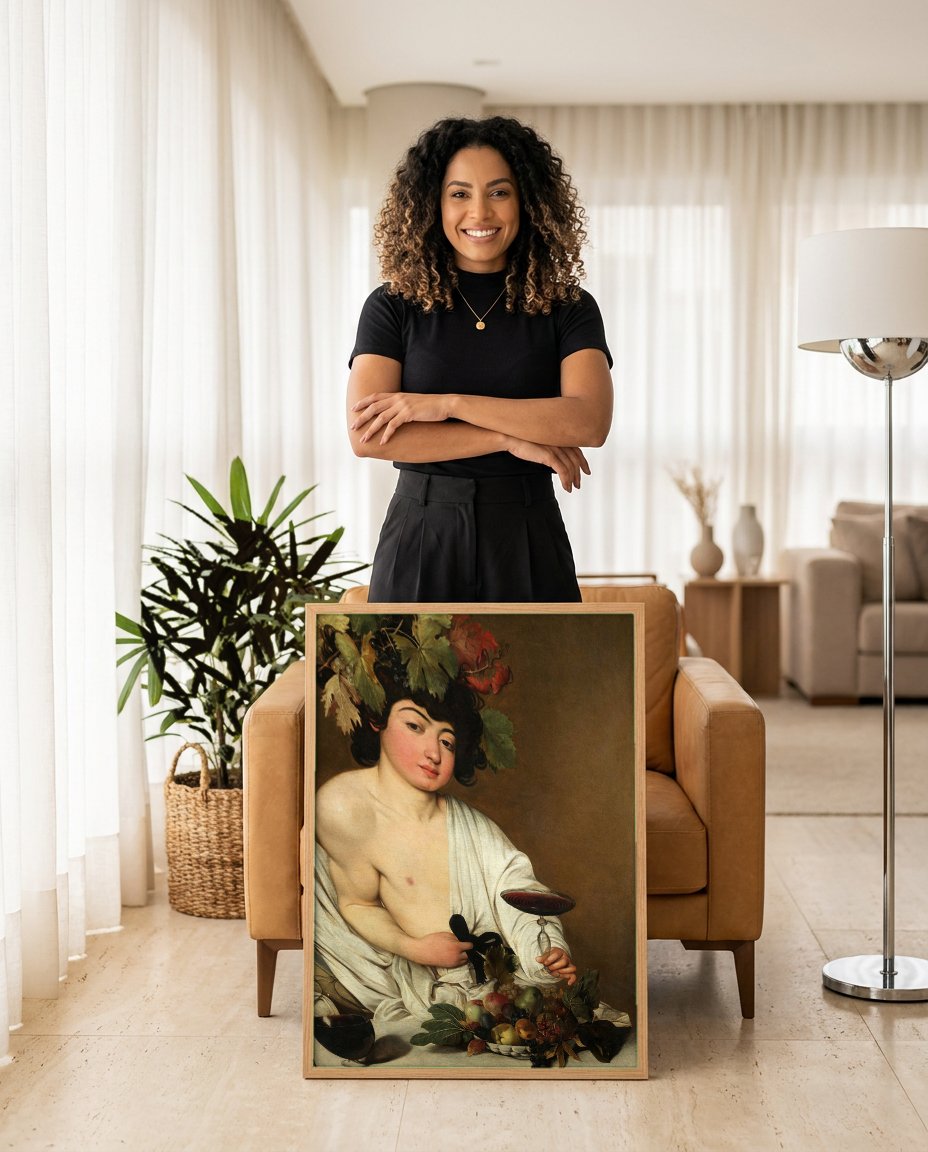Quadro Decorativo Baco Jovem - Caravaggio com modelo em ambiente