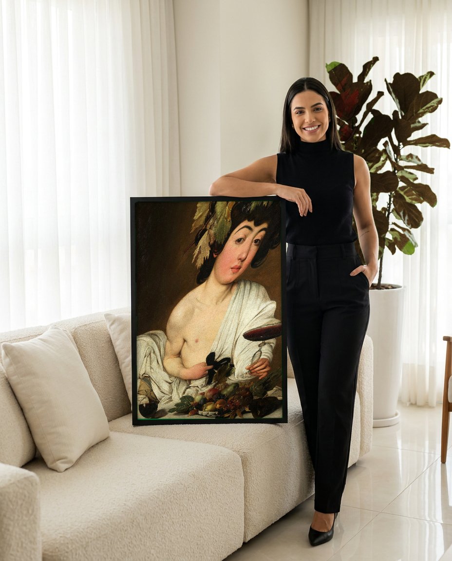 Quadro Decorativo Baco Jovem - Caravaggio com modelo em ambiente