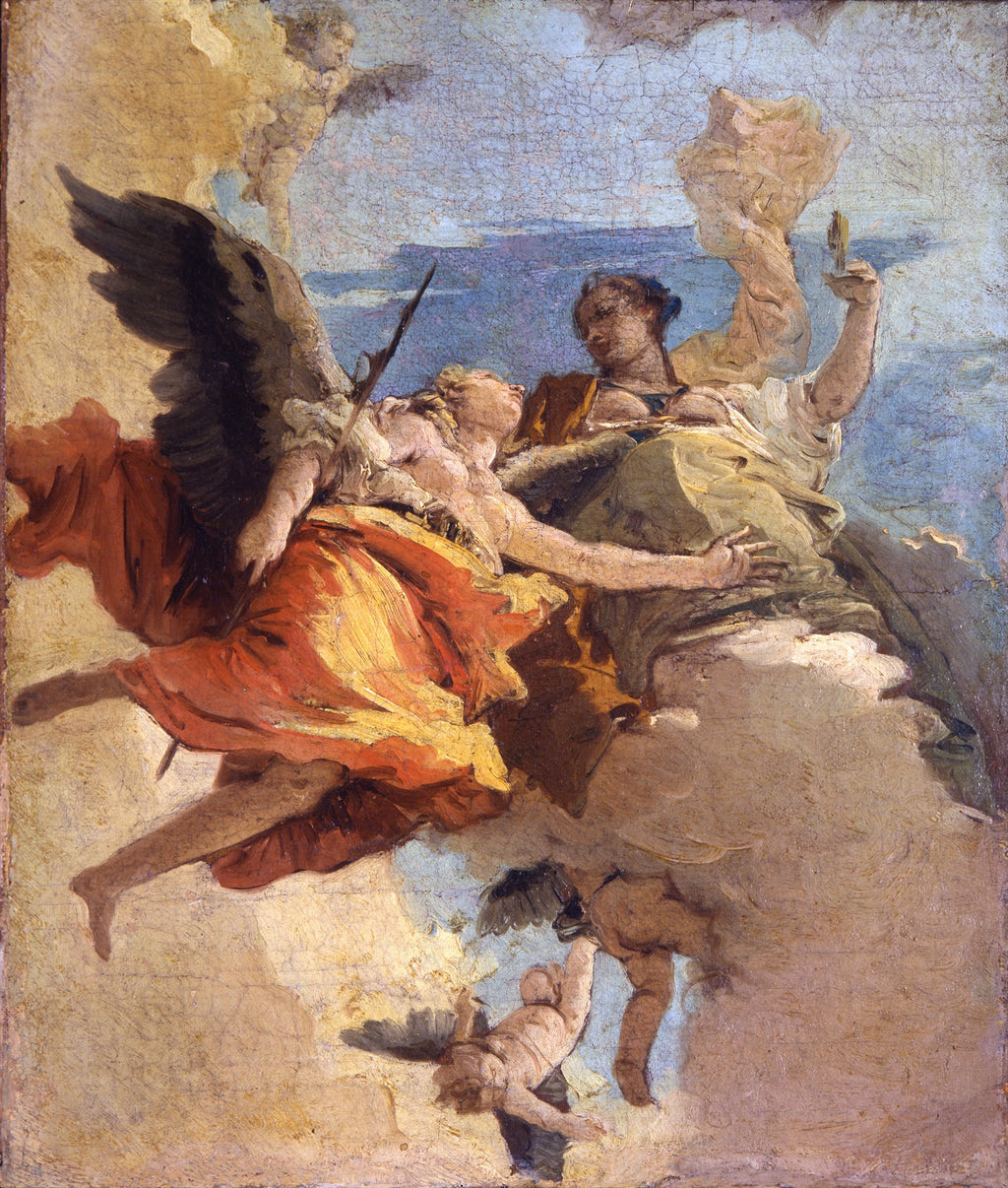 Pintura a óleo de Giovanni Battista Tiepolo, intitulada 'A Virtude e a Nobreza', mostrando figuras celestiais flutuando em nuvens com tecidos esvoaçantes e um anjo com asas escuras.