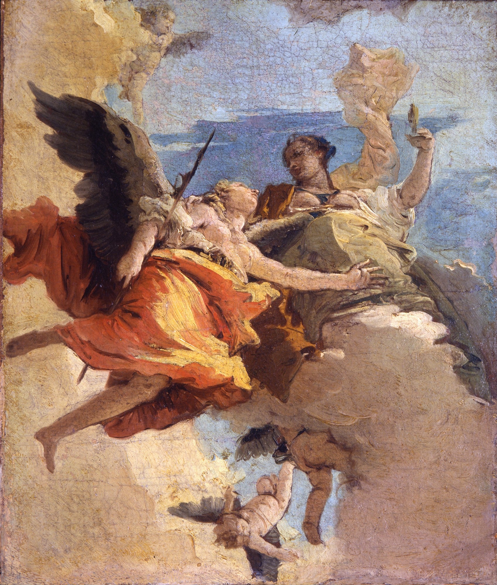 Pintura a óleo de Giovanni Battista Tiepolo, intitulada 'A Virtude e a Nobreza', mostrando figuras celestiais flutuando em nuvens com tecidos esvoaçantes e um anjo com asas escuras.