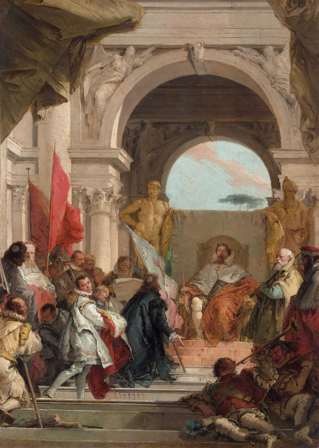 Pintura a óleo de Giovanni Battista Tiepolo, "A Recepção do Embaixador", mostrando uma cena formal com diversas figuras em trajes de época, um embaixador sendo recebido por uma figura sentada em um trono, com arquitetura clássica ao fundo e estátuas. As cores são ricas e a iluminação dramática.