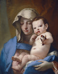 Quadro decorativo mostrando a Virgem Maria com o menino Jesus em seu colo. A Virgem olha para baixo com expressão serena, usando um manto azul e véu branco. O menino Jesus, nu, segura um pintassilgo na mão esquerda e um cordão na direita, olhando para o observador.
