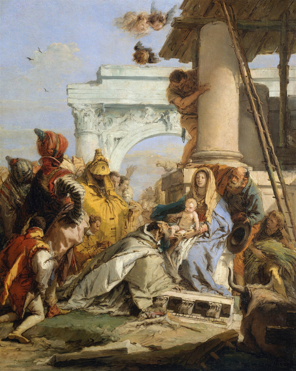 Quadro decorativo Adoração dos Magos de Giovanni Battista Tiepolo, representando Maria com o Menino Jesus e os três Reis Magos ajoelhados em um cenário de ruínas clássicas, com anjos no céu. Pintura em estilo Rococó com cores vibrantes e luz dramática.