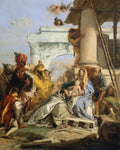 Quadro decorativo Adoração dos Magos de Giovanni Battista Tiepolo, representando Maria com o Menino Jesus e os três Reis Magos ajoelhados em um cenário de ruínas clássicas, com anjos no céu. Pintura em estilo Rococó com cores vibrantes e luz dramática.