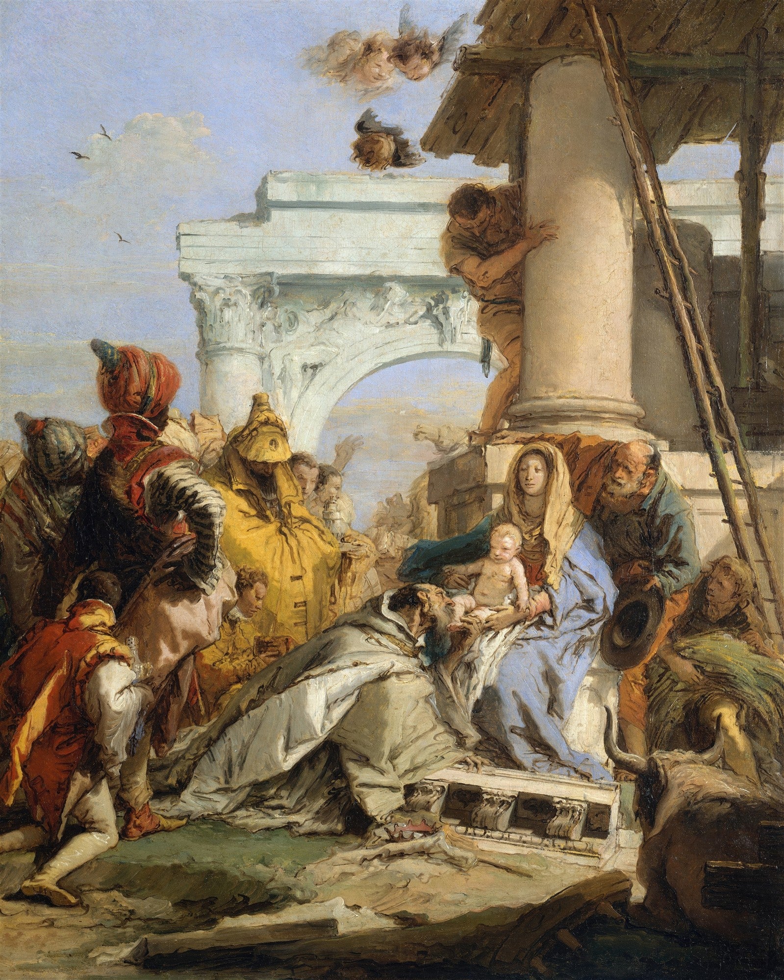 Quadro decorativo Adoração dos Magos de Giovanni Battista Tiepolo, representando Maria com o Menino Jesus e os três Reis Magos ajoelhados em um cenário de ruínas clássicas, com anjos no céu. Pintura em estilo Rococó com cores vibrantes e luz dramática.