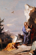 Quadro decorativo 'A Fuga para o Egito' de Giovanni Battista Tiepolo, com Maria segurando o menino Jesus, José ao lado, um anjo ajoelhado e um burro, em uma paisagem rochosa com céu azul e montanhas ao fundo.