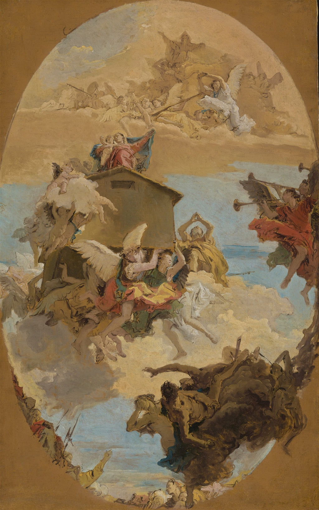 Quadro decorativo oval com cena religiosa de anjos transportando uma casa, com figuras celestiais e terrestres em tons de ocre, azul e vermelho, atribuído a Giovanni Battista Tiepolo.