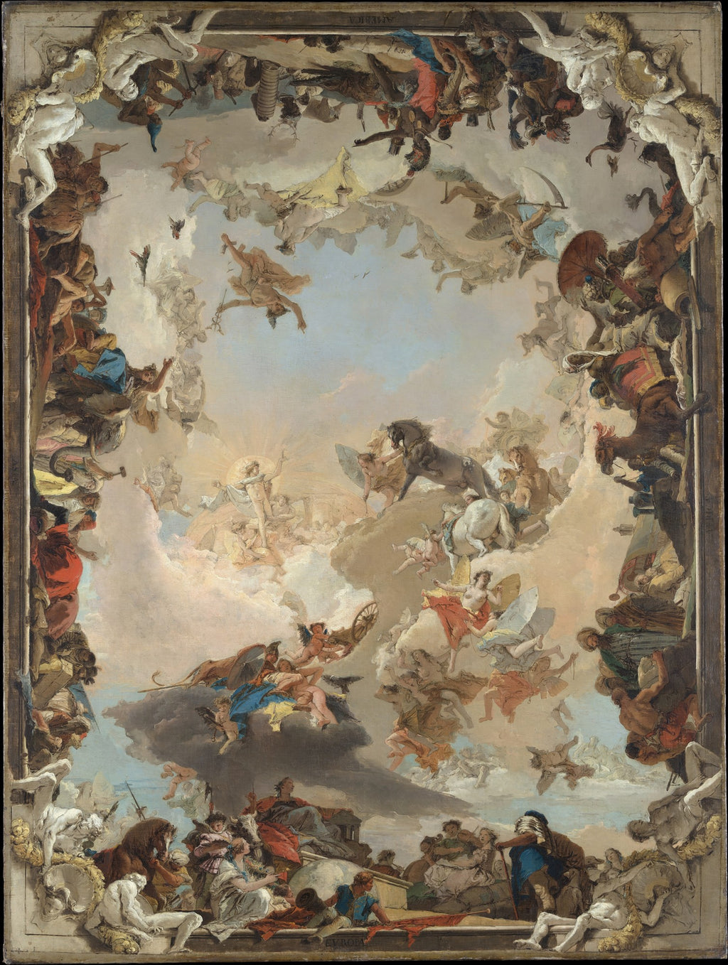 Quadro decorativo detalhado de Giovanni Battista Tiepolo, representando uma alegoria celestial com figuras mitológicas e anjos voando em um céu azul, em tons pastéis e dourados, emoldurado com elementos arquitetônicos.