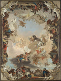 Quadro decorativo detalhado de Giovanni Battista Tiepolo, representando uma alegoria celestial com figuras mitológicas e anjos voando em um céu azul, em tons pastéis e dourados, emoldurado com elementos arquitetônicos.
