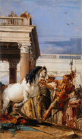 Quadro decorativo mostrando um cavalo branco sendo contido por uma figura, com um guerreiro de armadura vermelha ao lado, em frente a uma arquitetura clássica sob um céu azul.