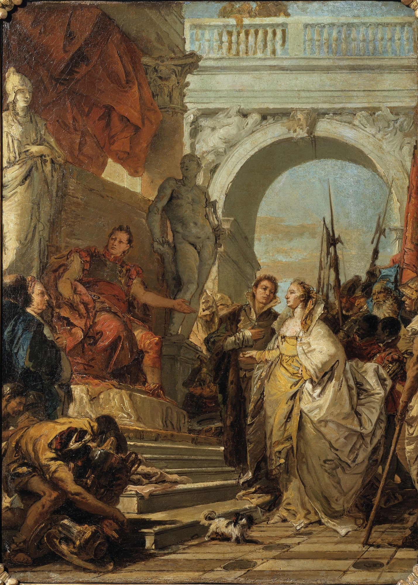 Pintura clássica de Giovanni Battista Tiepolo, A Rainha Zenobia Perante o Imperador Aureliano, com figuras históricas em trajes suntuosos, arquitetura clássica e um pequeno cachorro no primeiro plano.