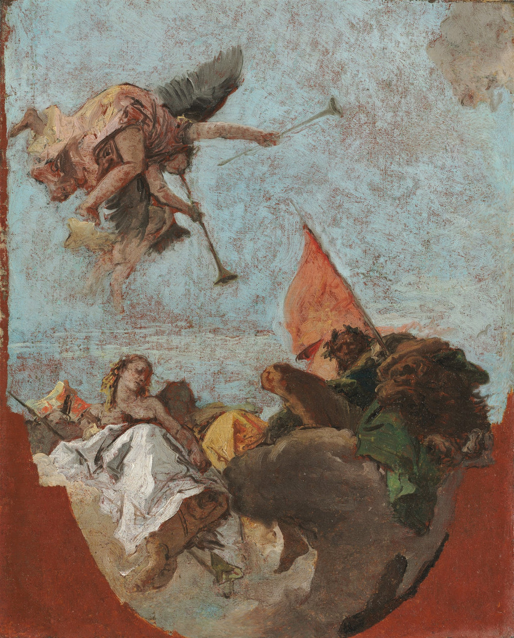 Pintura a óleo de Giovanni Battista Tiepolo, representando figuras mitológicas aladas com trombetas e outras figuras clássicas em tons de azul, vermelho e marrom. A composição é dinâmica e apresenta um estilo rococó.