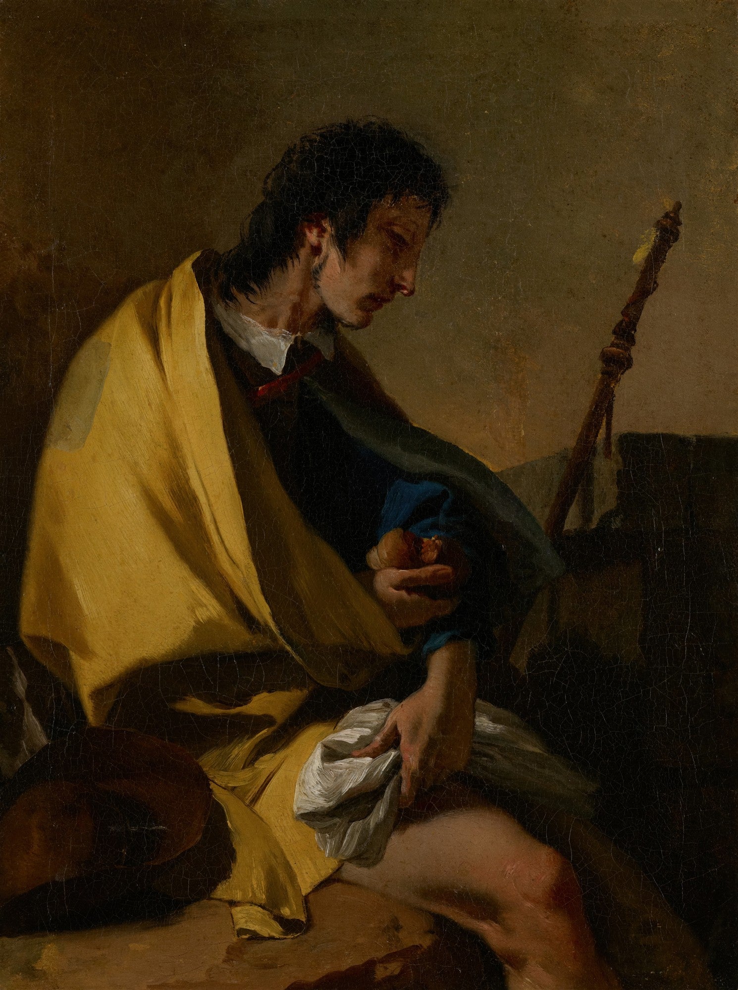 Pintura a óleo de um homem com manto amarelo e camisa branca, com expressão pensativa e olhos baixos, segurando um objeto, atribuída a Giovanni Battista Tiepolo.
