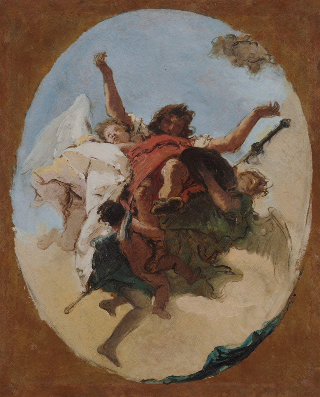 Esboço oval de Giovanni Battista Tiepolo mostrando Apolo e as Musas em nuvens, com figuras em tons de vermelho, azul e branco, em ascensão.
