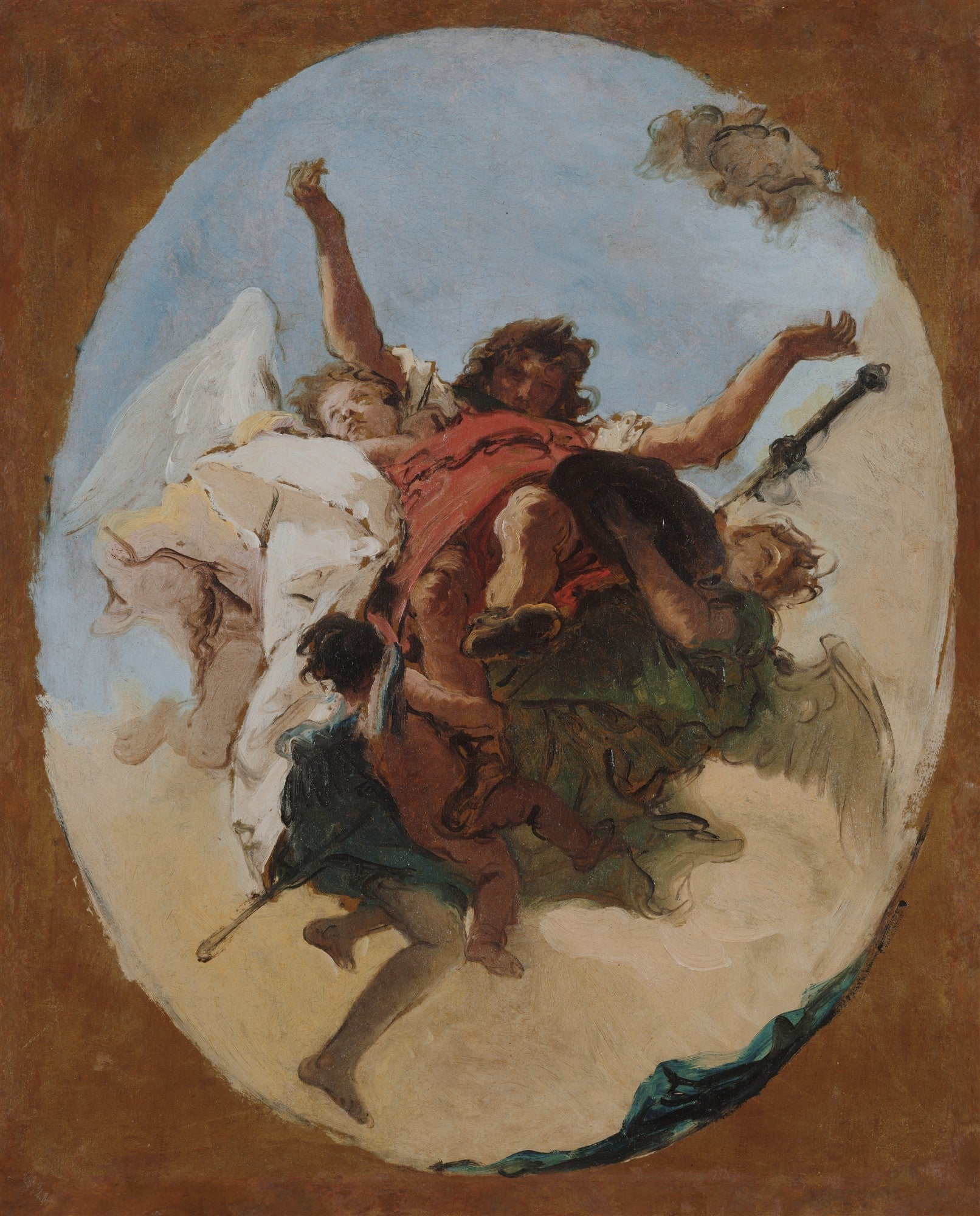 Esboço oval de Giovanni Battista Tiepolo mostrando Apolo e as Musas em nuvens, com figuras em tons de vermelho, azul e branco, em ascensão.