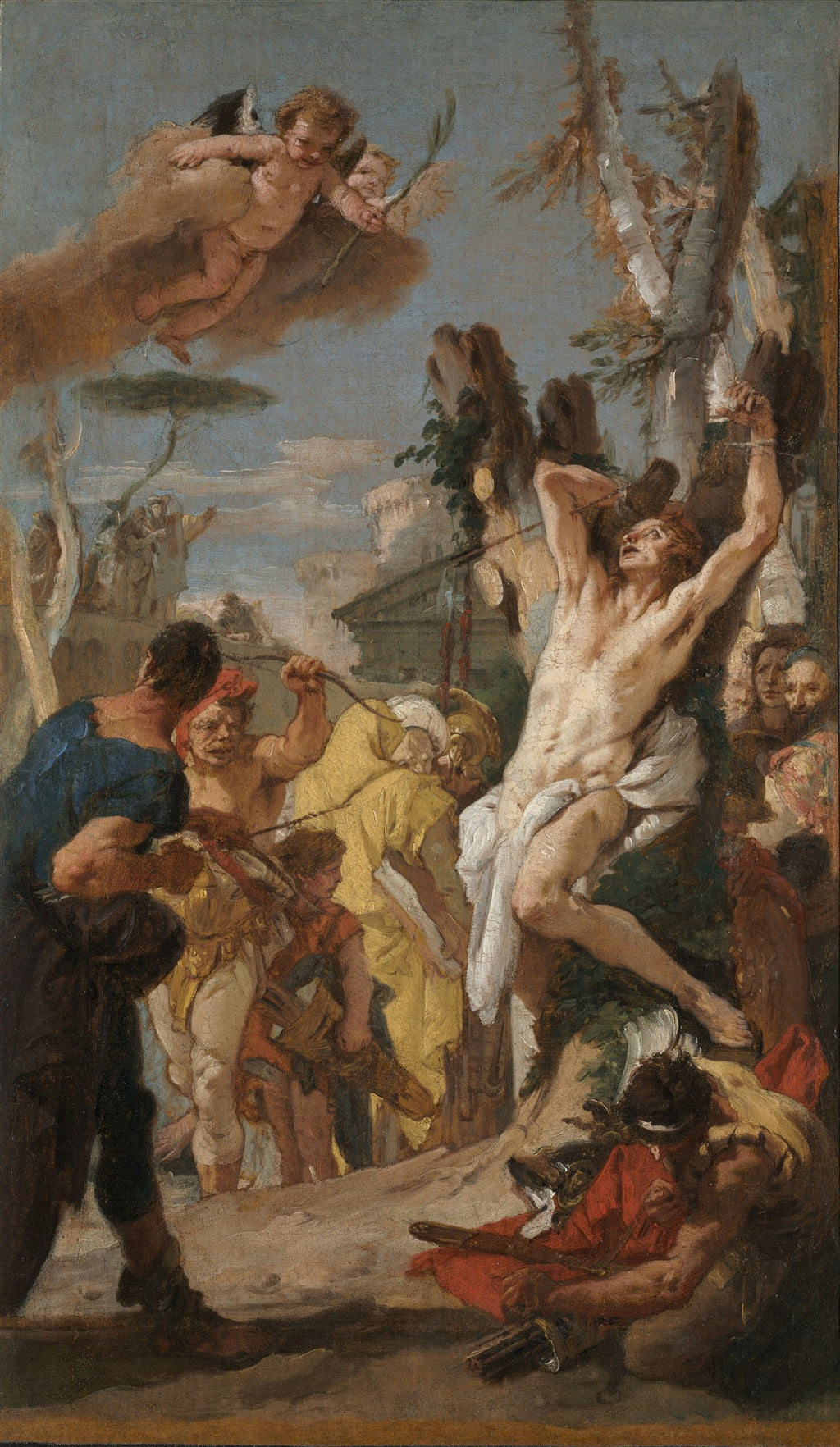 Pintura a óleo de Giovanni Battista Tiepolo, 'O Martírio de São Sebastião', mostrando São Sebastião amarrado a uma árvore, sendo atingido por flechas, com anjos no céu e figuras ao redor.