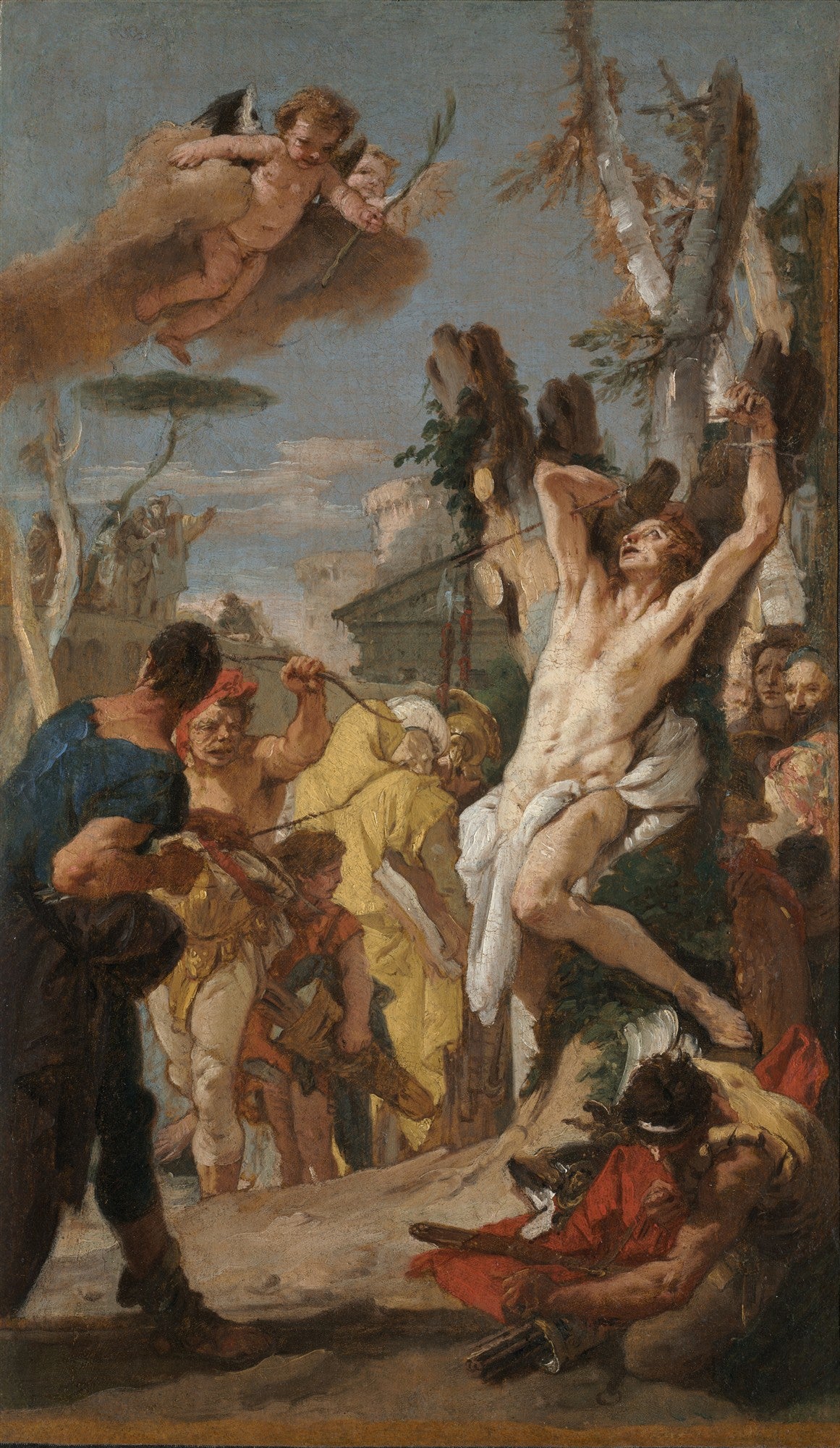 Pintura a óleo de Giovanni Battista Tiepolo, 'O Martírio de São Sebastião', mostrando São Sebastião amarrado a uma árvore, sendo atingido por flechas, com anjos no céu e figuras ao redor.
