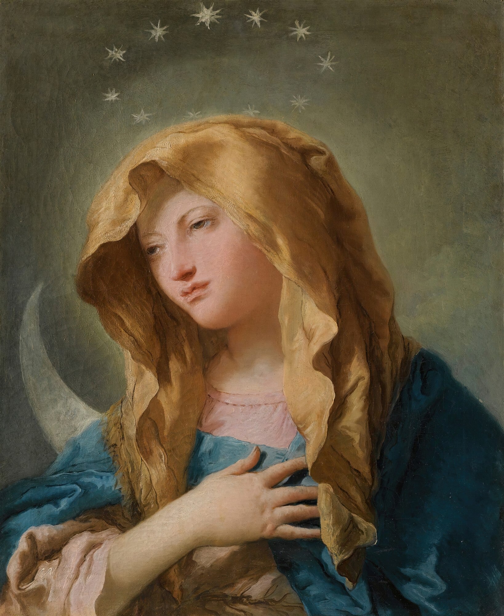Pintura a óleo da Virgem Maria de Giovanni Battista Tiepolo, com manto dourado e azul, auréola de estrelas e meia lua, em estilo rococó.