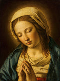 Quadro decorativo da Madonna em Oração, por Sassoferrato, mostrando o rosto sereno e as mãos juntas em prece da Virgem Maria, com um halo sutil em tons dourados ao redor da cabeça, vestindo um manto azul e túnica clara.