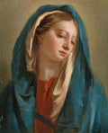Retrato aproximado de A Virgem Dolorosa de Giovanni Battista Tiepolo, mostrando o rosto da Virgem com os olhos fechados, coberta por um manto azul e um véu branco, com tons de pele suaves e fundo neutro.
